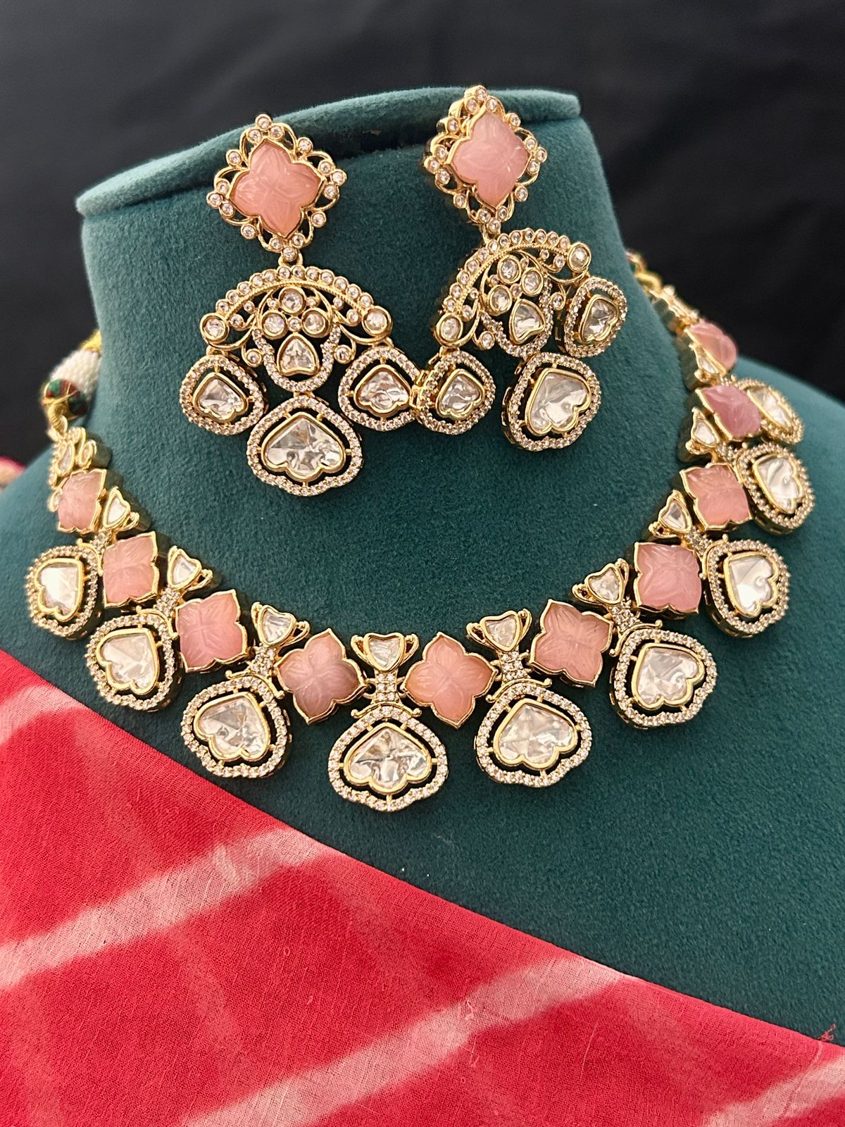 Elegant Pink Stone & Kundan Necklace Set with Earrings